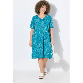 Dámské šaty Ulla Popken, Plus size Žerzejové šaty, lístky, A střih, výstřih do V, krátké rukávy pro plnoštíhlé nadměrná velikost, 838482769-1131, zelený, 54/56, Nadměrné velikosti, Plus size oblečení, Oblečení pro boubelky, Oblečení pro baculky, Oblečení pro plnoštíh