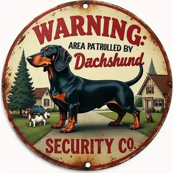 Plechová cedule BAF Kulatá kovová cedule Hlídací jezevčík. Průměr 20 cm