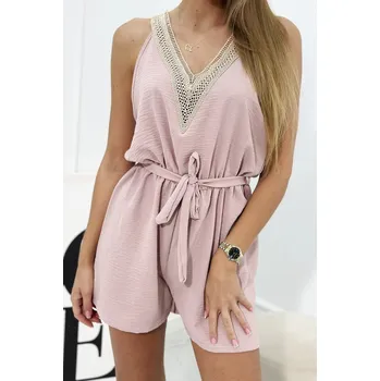 Dámský overall Krátká kombinéza s ozdobnou krajkou pudrově růžová UNI