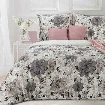 Povlečení 220x200 cm bavlněné, bílé a ocelové barvy v romantickém stylu s květinovým vzorem SPRING 9