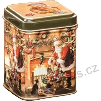 Dóza na potraviny XMAS EVENING plechová dóza na čaj 7421 Santa u krbu rozděluje vánoční dárky