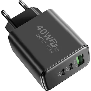 Rychlonabíječka 40W s 3 porty 2x USB C a USB A PD s EU zástrčkou QC 3.0 síťový adaptér rychlé nabíjení telefonů tabletů notebooků černá