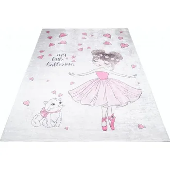 Koberec Makro Abra Dětský kusový koberec vhodný k praní BAMBINO 2701 Princezna Kočička pogumovaný krémový růžový Rozměr: 80x150 cm