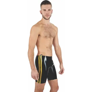 Pánské erotické prádlo Gumové kraťasy Mister B Rubber Fucker Shorts černo-žluté S, černé latexové šortky s 3cestným zipem v rozkroku