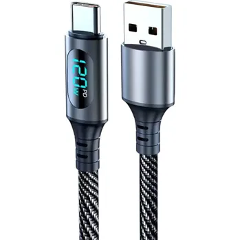 Datový kabel Rychlonabíjecí kabel 120W USB A na USB C 1 m nylonový kabel s LED displejem 6A 480 Mbps datový kabel s měřením napětí a proudu
