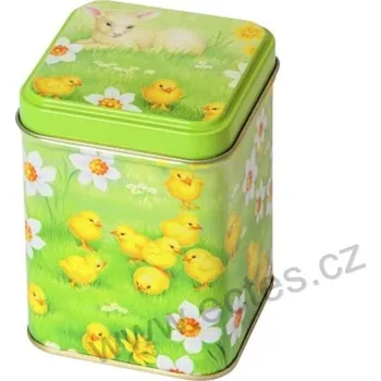 Dóza na potraviny IHR CHICKS GARDEN zelená plechová dóza na čaj 7420 žlutá kuřátka a beránek na trávě a bílé narcisy