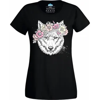 Dámské tričko Vlčí duše v květech (Velikost: 4XL, Barva: Černá)