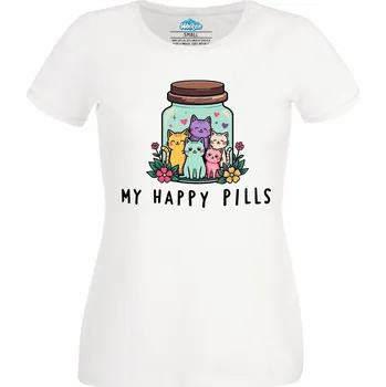Dámské tričko Moje pilulky štěstí Barevné Kočky Cats My Happy Pills (Velikost: 4XL, Barva: Bílá)