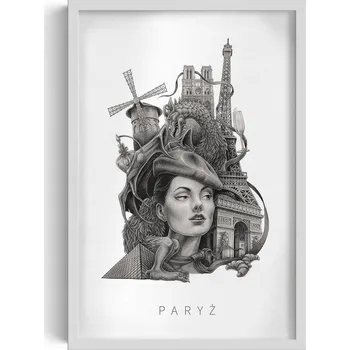 Obraz Závěsný obraz v rámu Černobílá Paříž Eiffelova věž Moulin Rouge 40x60 cm