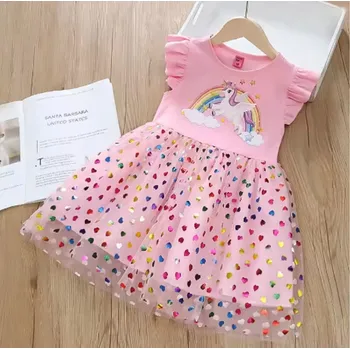 Dívčí šaty Unicorn (Jednorožci) Letní dívčí šaty se sukní se srdíčky a obrázkem Jednorožce Barva: Růžová, Velikost: XXXL (120 cm)