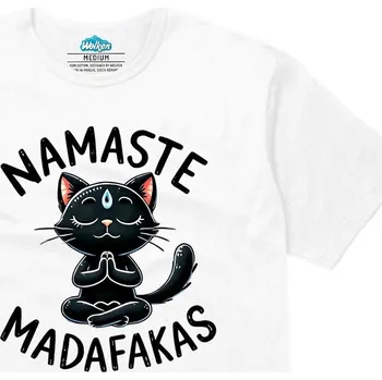 Pánské tričko Pánské tričko Meditující Černá Kočka Namaste Madafakas (Velikost: S, Barva: Bílá)