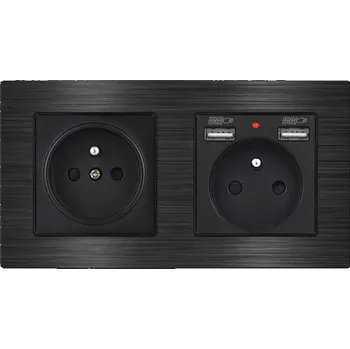 Elektrická zásuvka UNIC Elektrická zásuvka 2x230V+2xUSB 5V/2.1A v rámečku 153mm slitina hliníku černá
