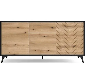 Komoda Moderní velká komoda 154 cm, 3 zásuvky, 2 dvířka, dub evoke, černý korpus