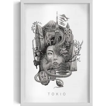 Obraz Ozdobný nástěnný obraz v rámu Černobílý Tokio Drak Višňový květ 40x60 cm