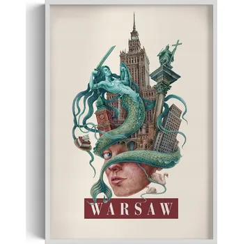 Obraz Grafika v rámu Retro styl Varšava Siréna PKiN Sloup Zikmunda 70x100 cm