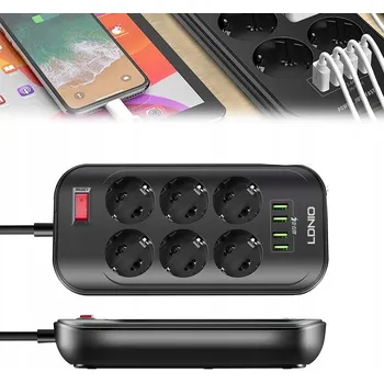 Napájecí kabel PRODLUŽOVACÍ KABEL zásuvková lišta zásuvek + 4x USB VYPÍNAČ, 2m