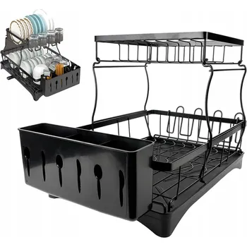 Odkapávač na nádobí DVOUÚROVŇOVÝ ODKAPÁVAČ NA NÁDOBÍ ČERNÝ PEVNÝ S ODKAPÁVACÍ MISKOU ČERNÝ