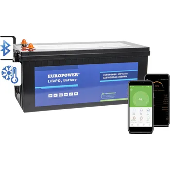 Trakční baterie LiFePO4 EUROPOWER LFP 12,8V 200Ah Bluetooth baterie, topná podložka (životnost ~2000 cyklů)