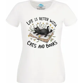 Dámské tričko Život je lepší s kočkami a knihami Life is better with cats and books (Velikost: 4XL, Barva: Bílá)