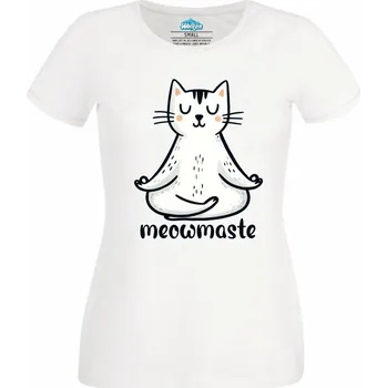 Dámské tričko Dámské tričko Meditující Bílá Kočka Meowmaste (Velikost: S, Barva: Bílá)