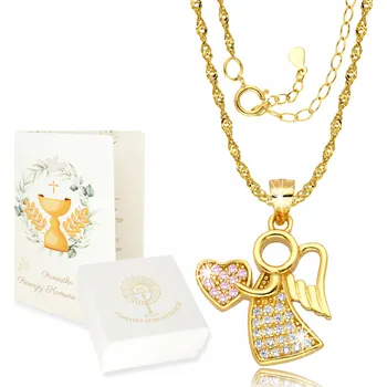 Náhrdelník Zlatý Řetízek s medailonkem 925/585 Andílek s růžovým srdíčkem ke křtu/prvnímu svatému přijímání