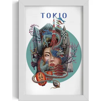 Obraz Obraz grafika v rámu Tokio Tokyo Tower Hora Fudži Drak Višňový květ 20x30 cm