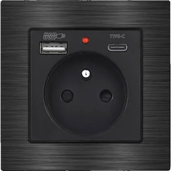 Elektrická zásuvka UNIC Elektrická zásuvka 230V+USB+USB C 5V/2,1A černá v rámečku 82mm, slitina hliníku