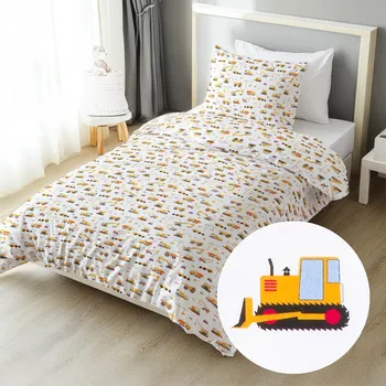 Povlečení Dětské bavlněné ložní povlečení Sandra SA-081 Nákladní auta a bagry na bílém Jednolůžko 140x200 a 70x90 cm