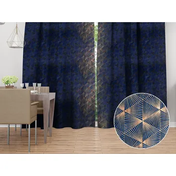 ubrus Sametový závěs Isabela IBL-011 Rose Gold trojúhelníky na královsky modrém - šířka 135 cm 135x140 cm