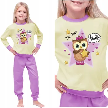 Dívčí pyžamo TEPLÉ DLOUHÉ DĚTSKÉ PYŽAMO ZIMNÍ BAVLNĚNÉ PRO DÍVKU SE SOVOU 104