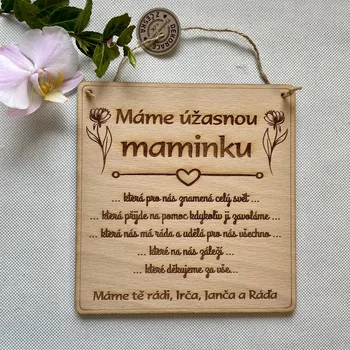 Domovní cedule Dřevěná cedulka Úžasná maminka Varianta: Množné číslo + vlastní podpis (pište do poznámky) - PLATBA PŘEDEM!