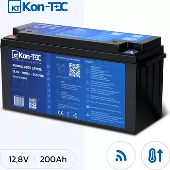 Trakční baterie Baterie KT-LFP12200 Kon-Tec Lithium-železo-fosfátová LiFePO4 baterie 12V, 12,8V 200Ah pro solární panely, obytné automobily a lodě - Wireless BMS System + funkce ohřevu baterie