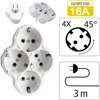 Elektrická zásuvka Nástěnná zásuvka 4-zásuvková REDUKCE ADAPTÉR ROZBOČKA ZÁSUVKY