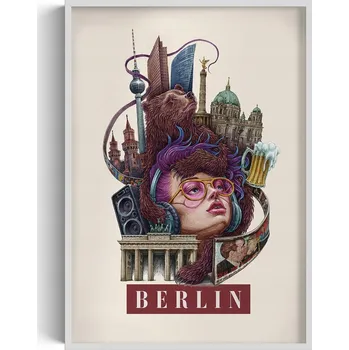 Obraz Stylový obraz v rámu Vintage retro styl Berlín Medvěd Berlínská zeď 70x100 cm