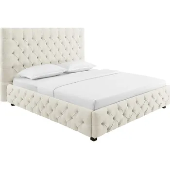 Postel Stylová chesterfield čalouněná béžová manželská postel Kreon se lněným texturovaným potahem s nízkými černými nožičkami 220 cm