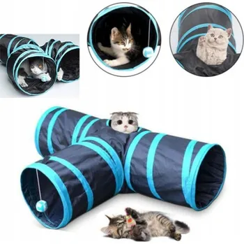 Hračka pro kočku MODRÝ ŠUSTÍCÍ TUNEL PRO KOČKY SE 3 VCHODY A MÍČKY, SKLÁDACÍ