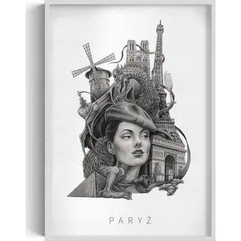 Obraz Závěsný obraz rámeček Černobílý Paříž Eiffelova věž Moulin Rouge 70x100 cm