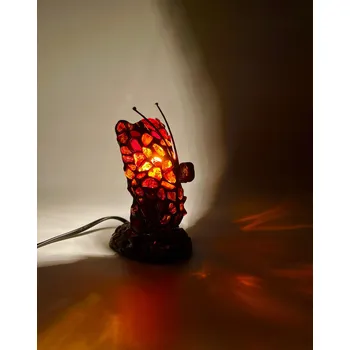 Lampička Lampa Motýl Tiffany s jantarovým sklem v koňakovém odstínu, Noční lampa jantarový Motýlek