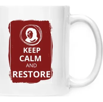 Hrnek malý bílý s potiskem Keep Calm and Restore na kávu