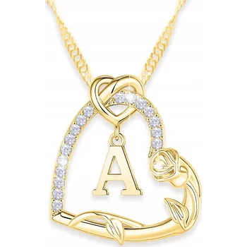 Náhrdelník Zlatý náhrdelník 925 srdce s písmenem pozlacený 585 květ života růže písmeno A