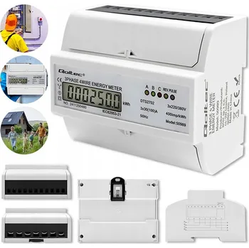 Zabezpečovací technika Qoltec 50989 Qoltec Třífázový obousměrný elektronický elektroměr | Měřič spotřeby energie na DIN lištu | 400V | 100A | LCD | 4P (Elektronický třífázový měřič spotřeby energie pro montáž na lištu DIN 35 slouží k průběžnému sledování úrovně spotřeby)