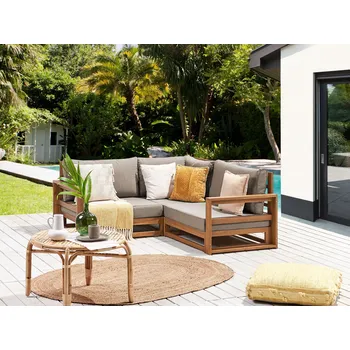 Pohovka Zahradní rohová pohovka světlá hnědá certifikovaná akátové dřevo šedé polštáře 2 místný moderní design Beliani