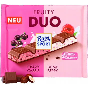 Čokoláda Ritter Sport Fruity Duo Mléčná Čokoláda s jogurtovo-malinovo-rybízovou náplní 218g