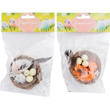 Velikonoční dekorace Dekorace plast, proutí 80mm hnízdo s kropenatými vajíčky a ptáčky, mix barev 12 gram