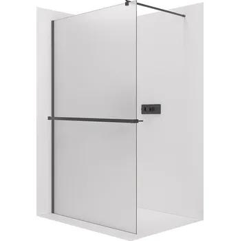 CERANO - Sprchová zástěna Walk-in Onyx Round L/P - 8 mm - kulatá vzpěra + polička/držák na ručníky - černá matná, mléčné sklo - 30x200 cm