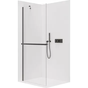 CERANO - Sprchová zástěna Walk-in Onyx Y L/P - 8 mm - kulatá vzpěra + polička/držák na ručníky - černá matná, transparentní sklo - 30x200 cm