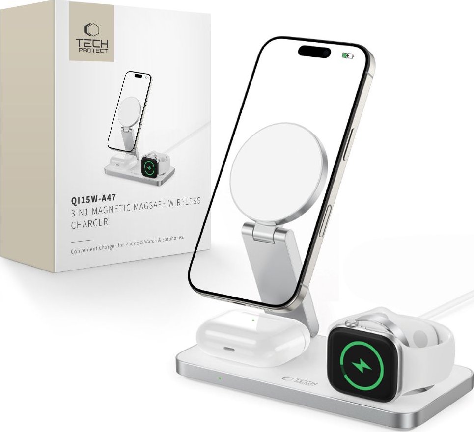 Tech-Protect Bezdrátová nabíječka pro iPhone, Apple Watch a AirPods - Tech-Protect, QI15W-A47 Wireless Charger White