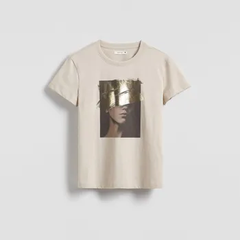 Dámské tričko Reserved - Tričko s lesklým potiskem - béžová - ZS476-08X - ZS476-08X-XL