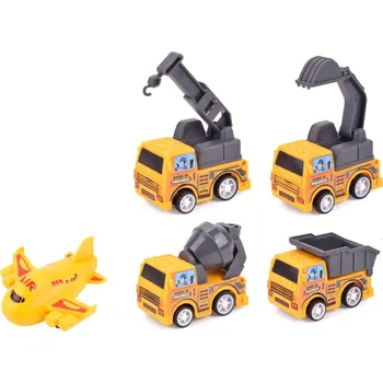 autíčko Wiky Stavební stroj mini 4ks+letadlo plast 5-7cm na zpětné natažení v blistru 23x22cm