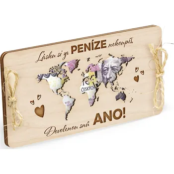 Svatební dekorace FK Dřevěná obálka na peníze Mapa 20x10cm - Dar na dovolenou snů